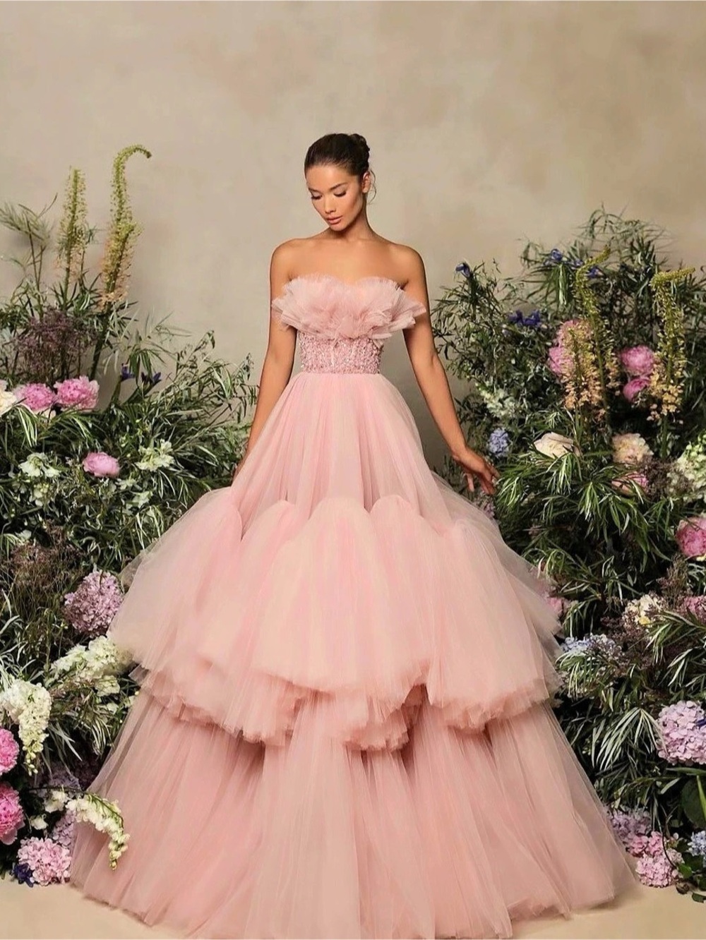 Tarik Ediz Tulle Dress Pink Strapless Ball Gown